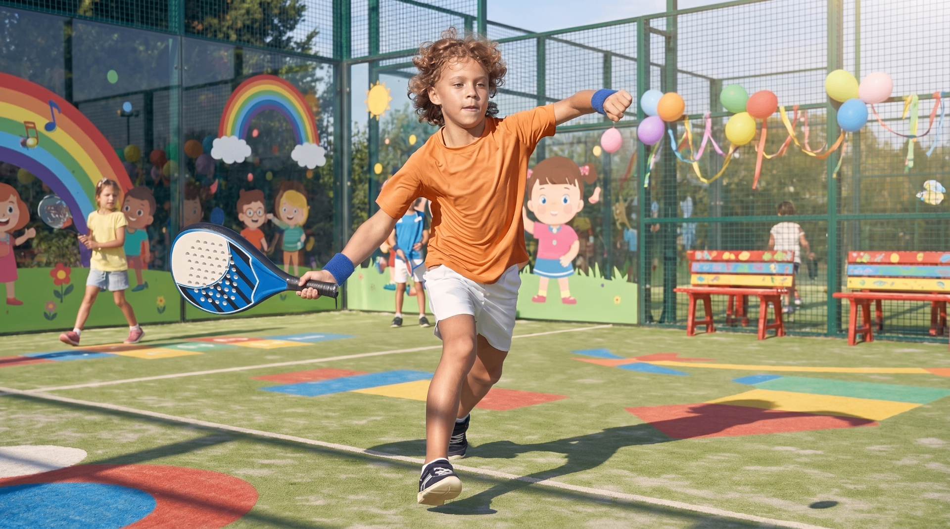 Kids playing padel on a colorful court at a private school